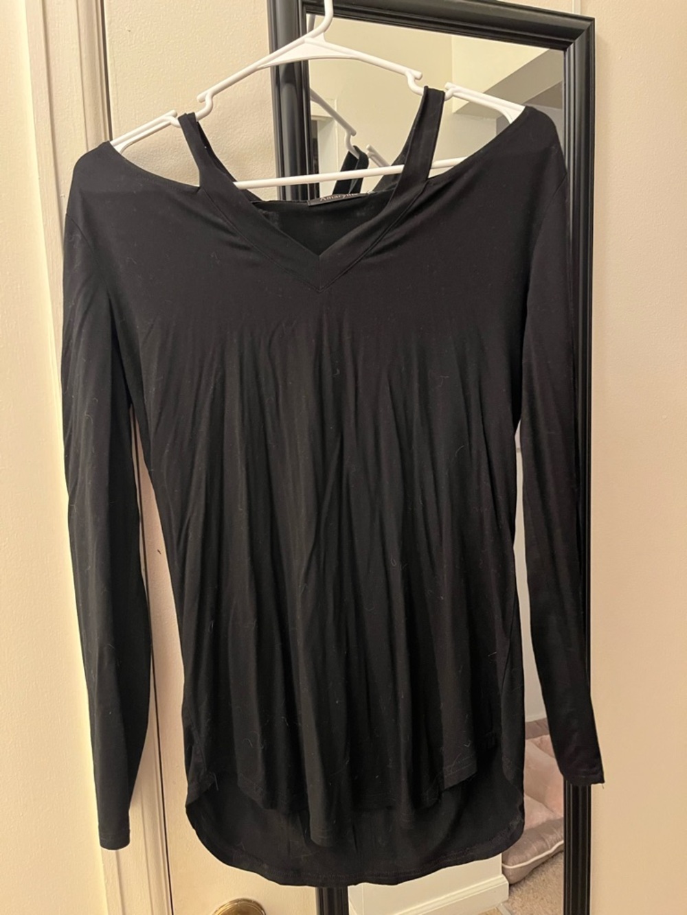 Women's Black Long-Sleeve V-Neck Blouse with Shoulder Strap Detail